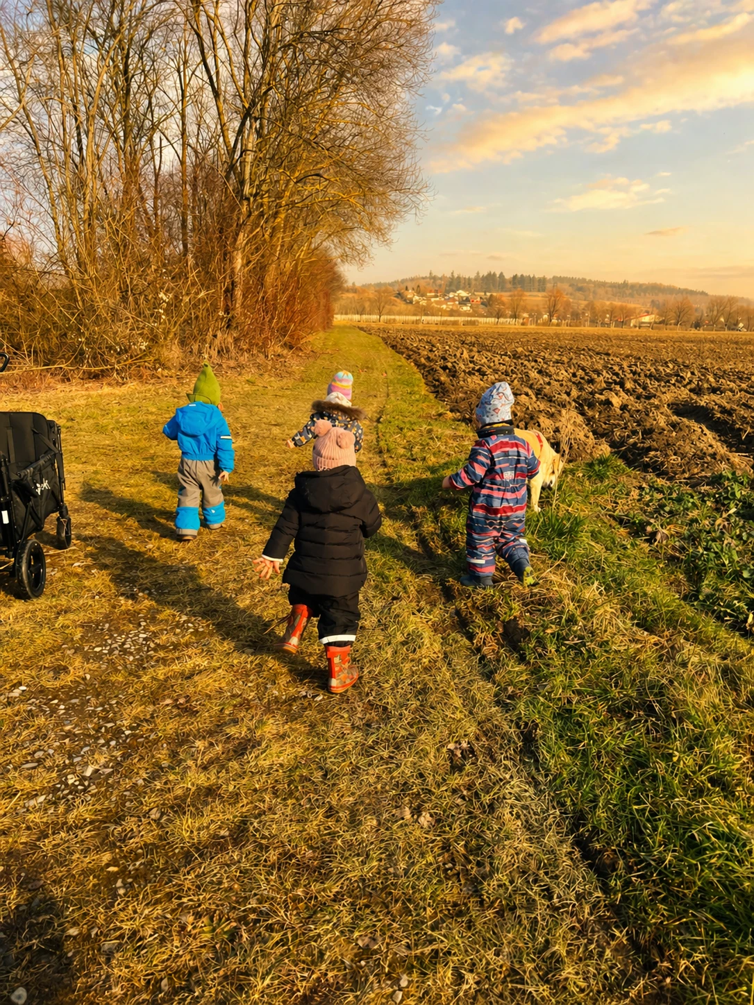 Kükennest Kinder beim Spaziergang Obst Nachmittagssnacks